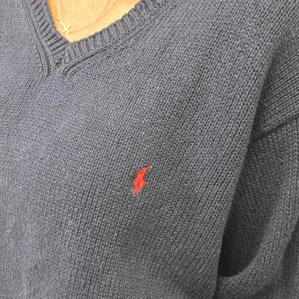 Polo Ralph Lauren Navy V Neck Linen Cotton Knit Sweater XL Preppy Classic - Picture 3 of 8